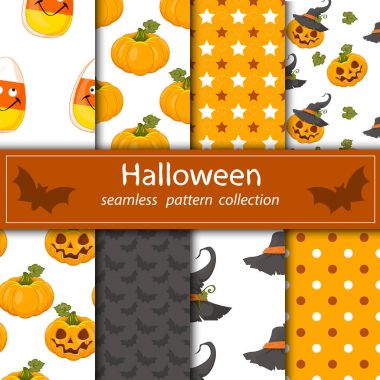 Vektör drenaj sorunsuz kumaş Halloween turuncu mor kafatası tatlılar kemikleri.