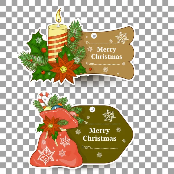 Set of tags for gifts for Christmas. In a tag sticks, snowman, lights, tree, candle, twig, — Stock Vector