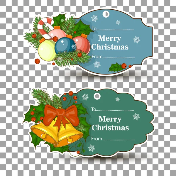 Conjunto de etiquetas para regalos de Navidad. En una etiqueta palos, muñeco de nieve, luces, árbol, vela, ramita , — Vector de stock