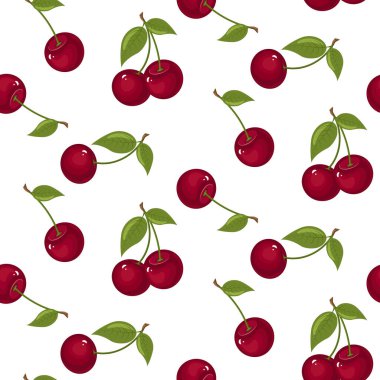 Şirin kiraz seamless modeli. Tekstil, sarma, duvar kağıtları, vb için iyi. Beyaz arka plan üzerinde izole kırmızı tatlı Olgun Kiraz.