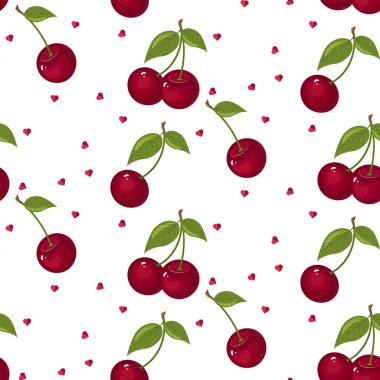 Şirin kiraz seamless modeli. Tekstil, sarma, duvar kağıtları, vb için iyi. Beyaz arka plan üzerinde izole kırmızı tatlı Olgun Kiraz.