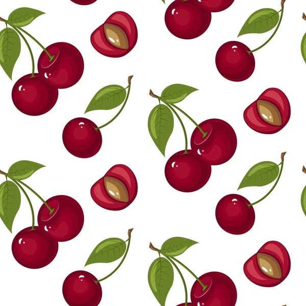 Симпатичный вишневый бесшовный рисунок. Хорошо подходит для текстиля, обертывания, обоев и т.д. Сладкие красные спелые вишни на белом фоне . — стоковый вектор
