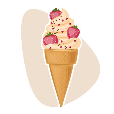 Dondurma simgesi. Sevgililer günü için tatlı tedavi. Olgun kırmızı kiraz multfilm. Kırmızı kalp boyama.