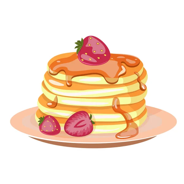 Traditional pancakes with strawberries, maple syrup and whipped cream. — Stock Vector