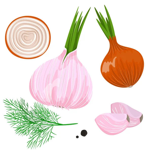 Yellow, red and spring onion and garlic. Isolated on white. — Stock Vector