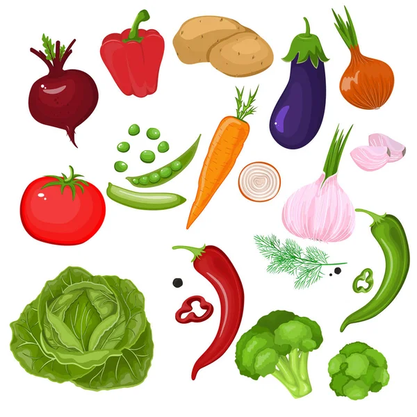 Verduras realistas. Patata, tomate, cebolla verde, pimientos, zanahoria y vaina de guisante. Conjunto de iconos de vector 3D aislado — Archivo Imágenes Vectoriales