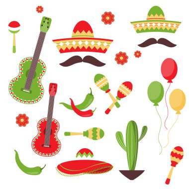 Cinco de Mayo celebration in Mexico, icons set, design element, flat style. clipart