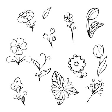 El yapımı çiçek ve bitki koleksiyonu. Robot resim biçiminde tek renkli vektör çizimleri.