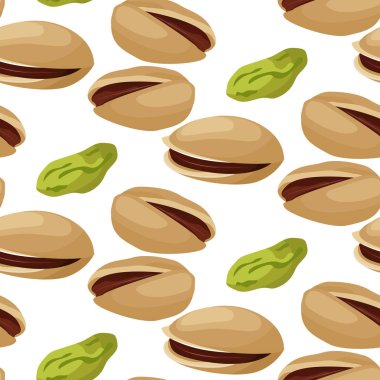 Kabuklu fıstık ve badem ile sorunsuz fındık. Gıda desen. Bir beyaz arka plan Doodle karikatür elle çizilmiş kroki vektör çizim üzerinde izole.