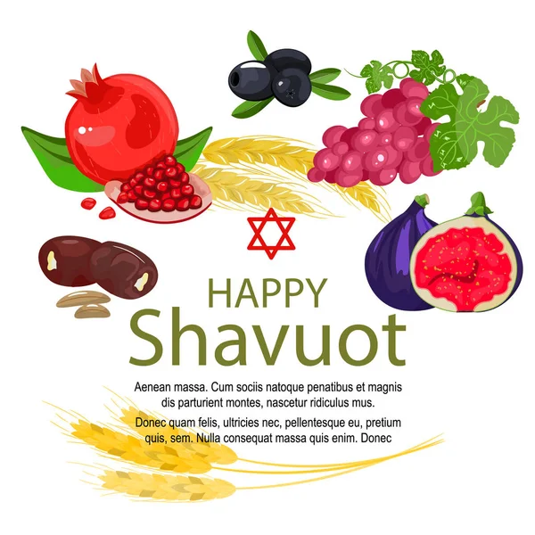 Bandiera Shavuot - Bandiera festiva Shavuot con le sette specie, il formaggio e i dieci comandamenti. Eps10 — Vettoriale Stock