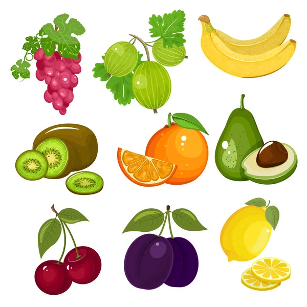 Conjunto de ícones de frutas e bagas de design plano vetorial . — Vetor de Stock