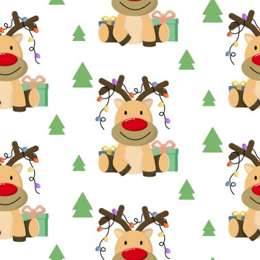 Güzel, uykulu geyikler ve beyaz arka planda ağaçlar olan kusursuz bir Noel deseni..