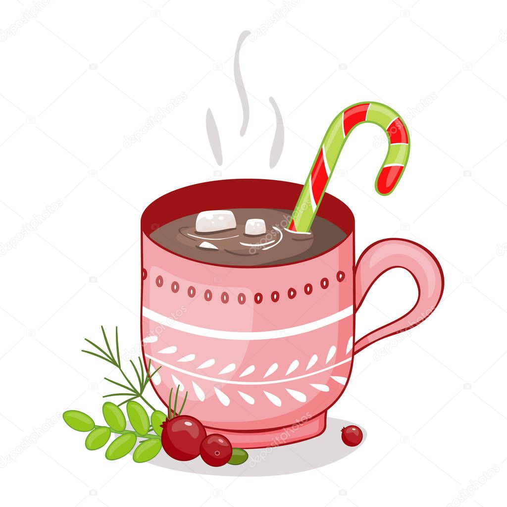 Merry Christmas Cup on a white background. Beautiful mug with a drink. Cartoon style.