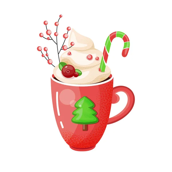Horký čokoládový šálek. Vánoční nápoj na zimním pozadí. Červený hrnek kakaa s sebou. Sezónní prapor. — Stockový vektor