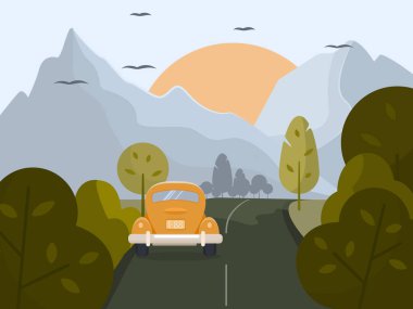 Rural summer landscape. A small yellow car rides along the road.