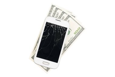 Kırık beyaz smartphone içinde belgili tanımlık geçmiş birçok para ile
