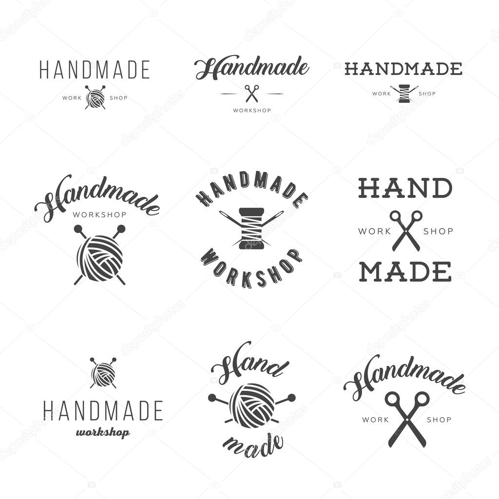 Handmade workshop logo vintage vector set. Hipster and retro style. Perfect for your business design. Scissors, thread, needles
