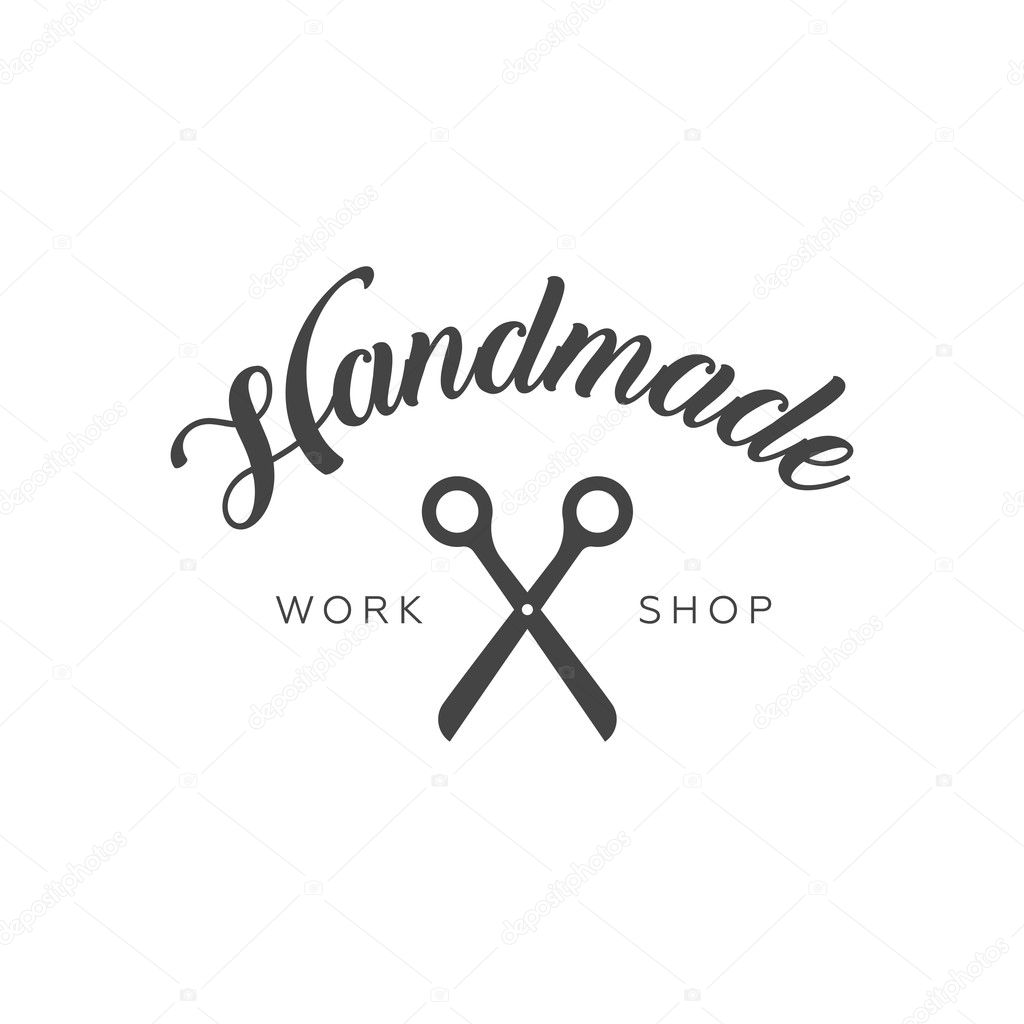 Handmade workshop logo vintage vector. Hipster and retro style. Perfect for your business design. Scissors, thread, needles