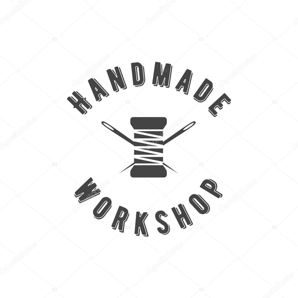 Handmade workshop logo vintage vector. Hipster and retro style. Perfect for your business design. Scissors, thread, needles