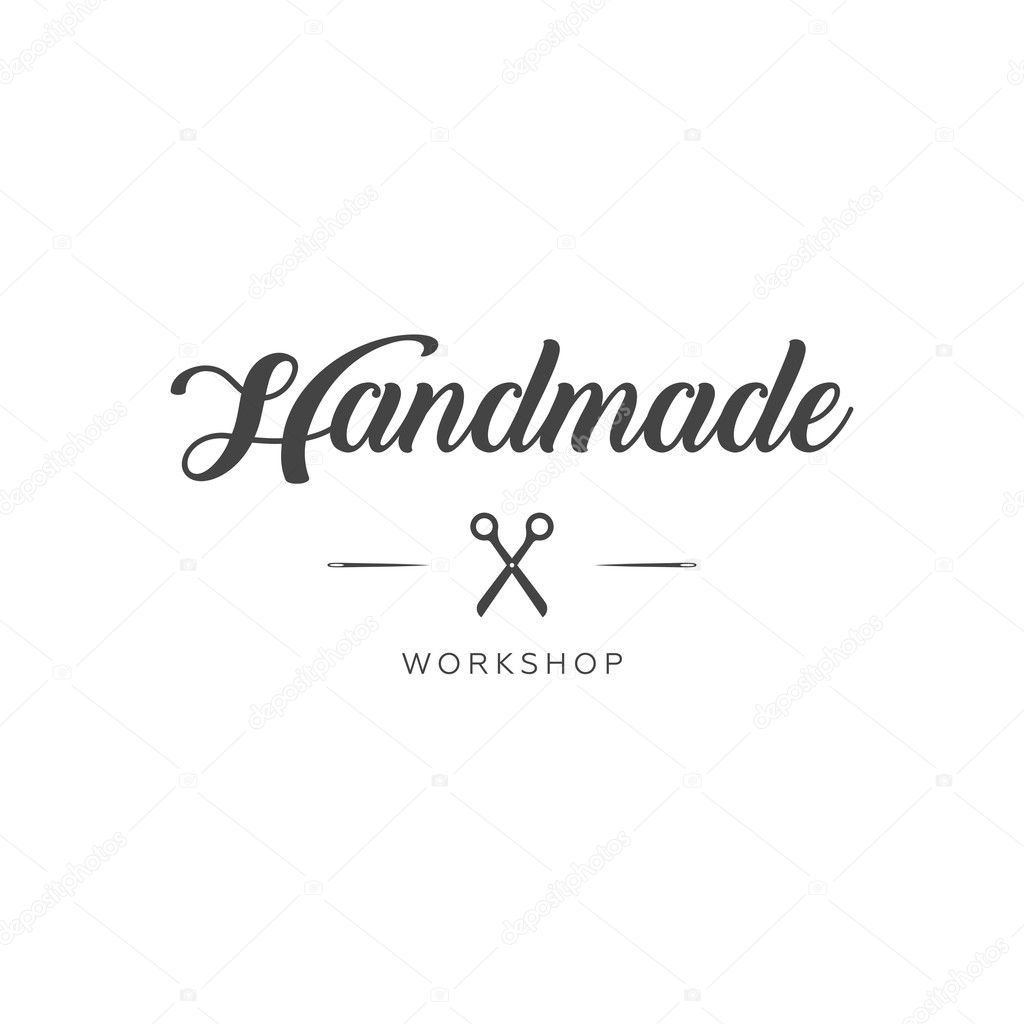 Handmade workshop logo vintage vector. Hipster and retro style. Perfect for your business design. Scissors, thread, needles