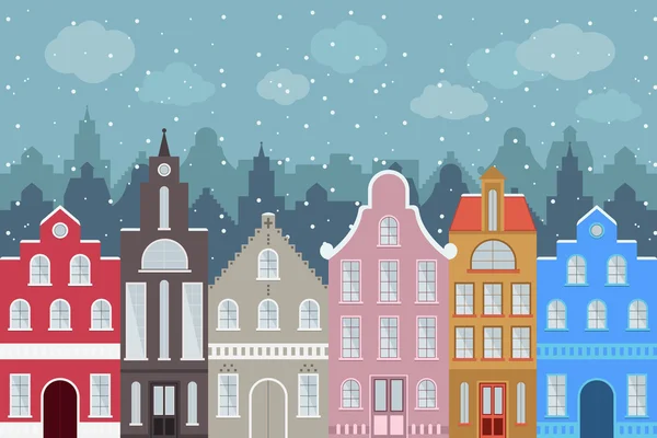 Ensemble de bâtiments de dessins animés colorés de style européen en hiver. Maisons isolées dessinées à la main pour votre conception . — Image vectorielle