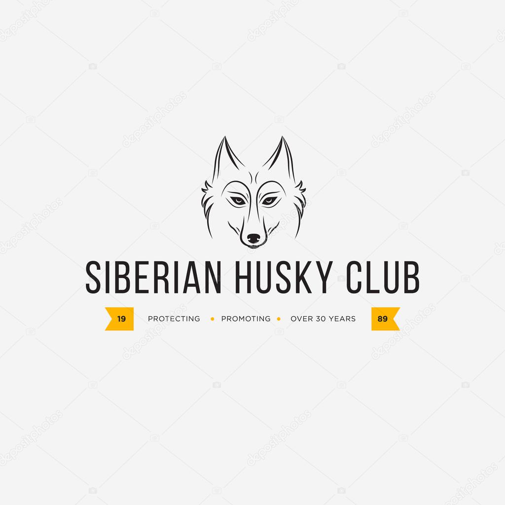 Vector image of a dog siberian husky design on white background and yellow background, Logo, Symbol, Animals. Siberian Husky Club