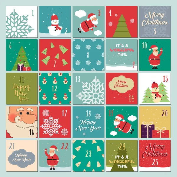 アドベント カレンダー。クリスマス ポスター。サンタ クロースは、雪の結晶、雪だるま、クリスマス ツリー、クリスマスのシンボル、クリスマス フォント、クリスマス プレゼント. — ストックベクタ