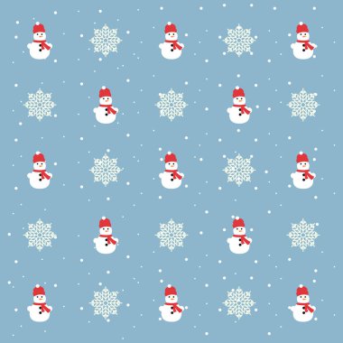Noel vektör desen. Kardan adam ve mavi bir arka plan üzerinde kar taneleri