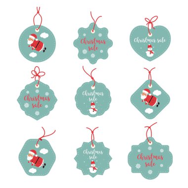 Satılık etiketleri grafik. Neşeli Noel mutlu etiketleri. Mutlu tatiller promo Etiketler. Noel Baba, kar tanesi, snowman.