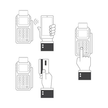 Ödeme Icon set. Kredi kartları, smartphone, poz satırı kutsal kişilerin resmi ile ödeme holding insan eller stil vektör düz.