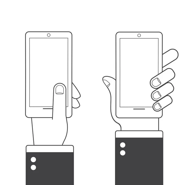 Différentes variations de tenue d'un smartphone moderne. Collection de pictogrammes linéaires . — Image vectorielle