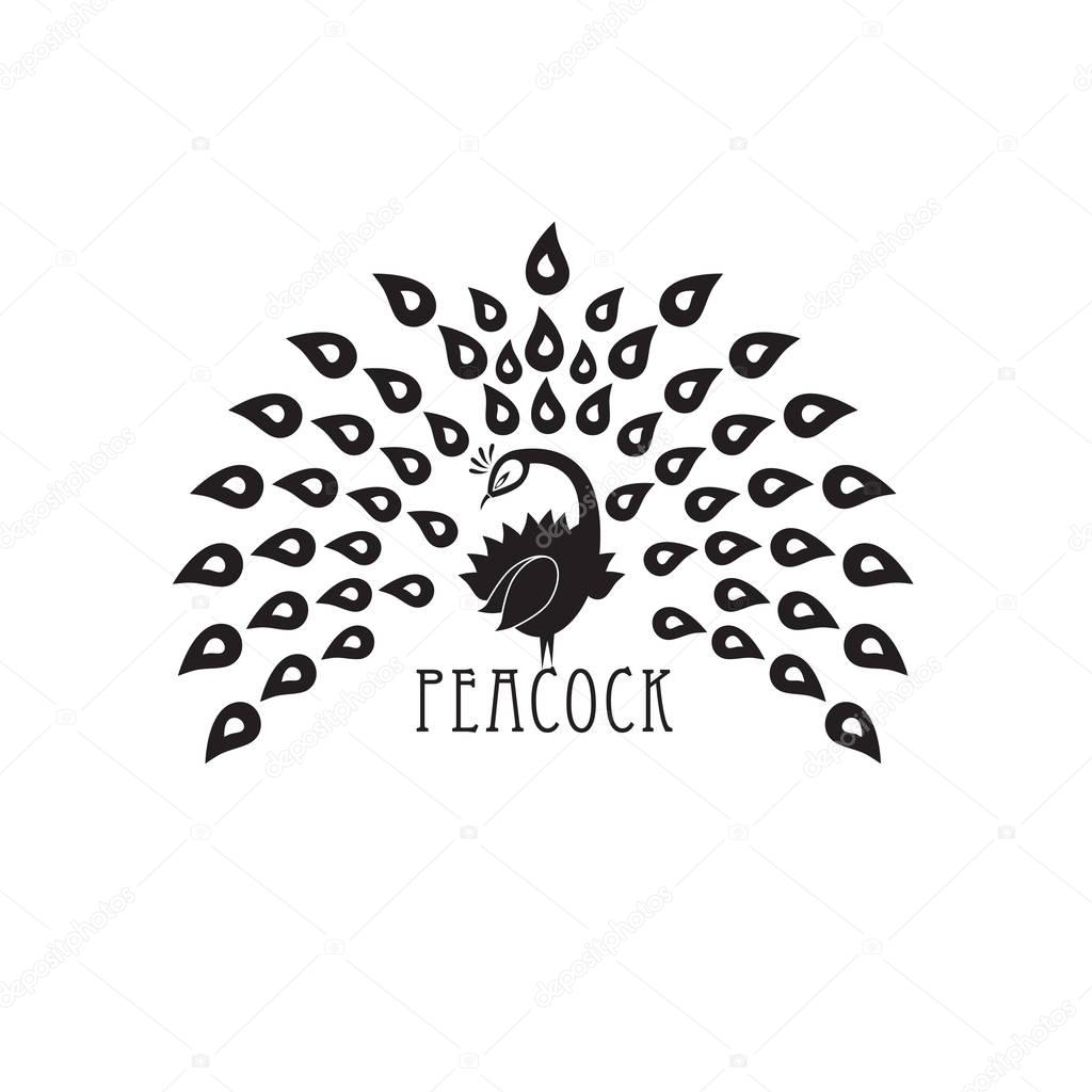 Ornamental silhouette of peacock. Template for icon, logo, print, tattoo. Peacocks tail open. Front view