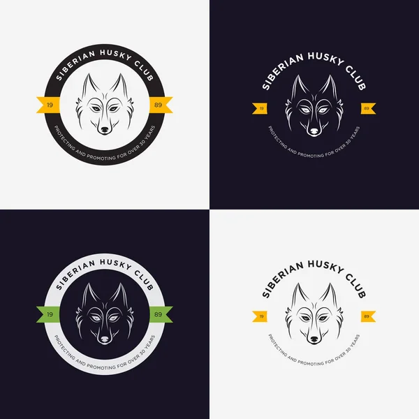 Husky cabeza plana logo vector conjunto. Conjunto de elementos de logotipo y logotipo vintage para tienda de mascotas, casa de mascotas, clínica de mascotas y animales exóticos . — Vector de stock