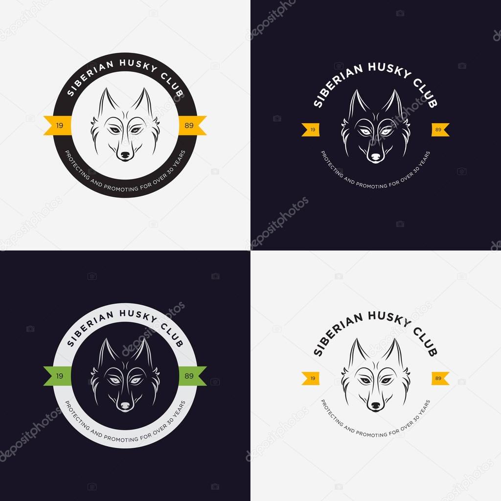 Husky head flat logo vector set. Set of vintage logo and logotype elements for pet shop, pet house, pet and exotic animals clinic