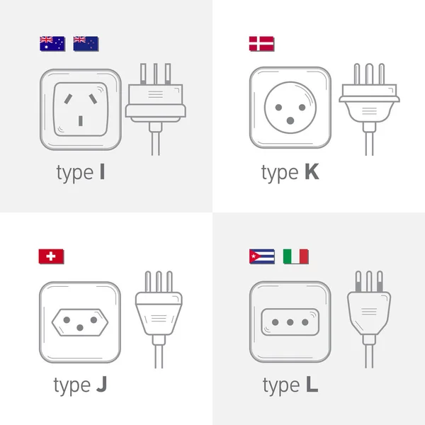 Conjunto de tomadas de energia de tipo diferente, ilustração de ícone isolada por vetor para plugues de país diferentes. Tipo IJKL . —  Vetores de Stock