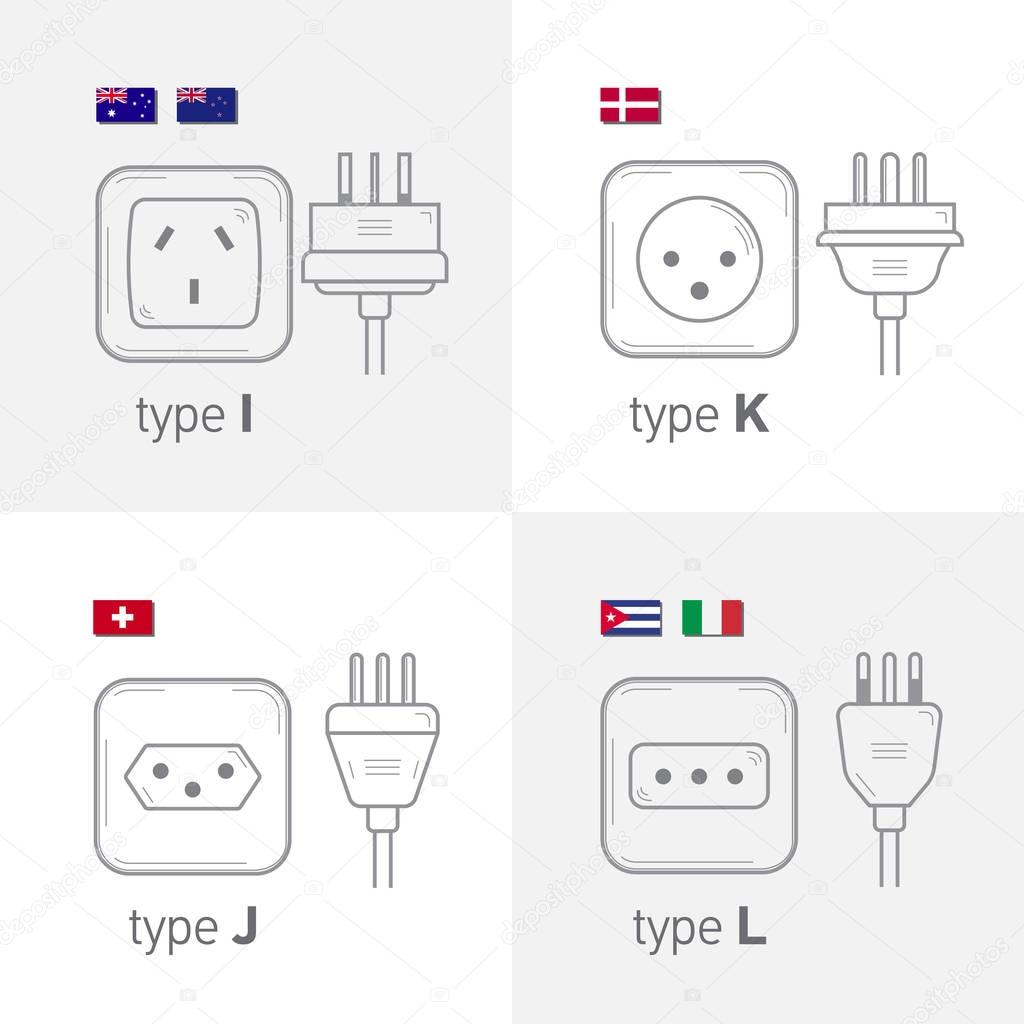 Different type power socket set, vector isolated icon illustration for different country plugs. Type IJKL.