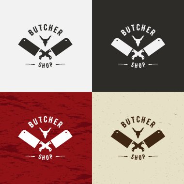 Kasap dükkanı tasarım öğesi Vintage tarzı logo, etiket, rozet, T-shirt ve diğer tasarım için. İnek yüz ve bıçak retro vektör çizim. Beyaz, siyah, işçiliği ve et arka plan üzerinde.