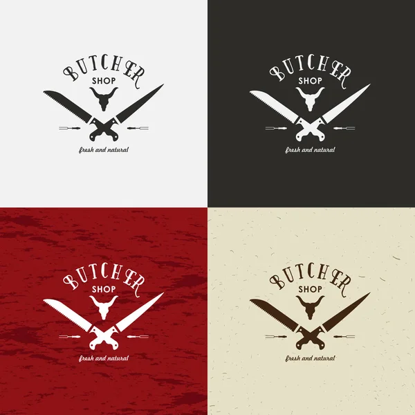 Kasap dükkanı tasarım öğesi Vintage tarzı logo, etiket, rozet, T-shirt ve diğer tasarım için. İnek yüz ve bıçak retro vektör çizim. Beyaz, siyah, işçiliği ve et arka plan üzerinde.