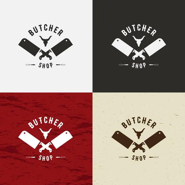 Kasap dükkanı tasarım öğesi Vintage tarzı logo, etiket, rozet, T-shirt ve diğer tasarım için. İnek yüz ve bıçak retro vektör çizim. Beyaz, siyah, işçiliği ve et arka plan üzerinde.