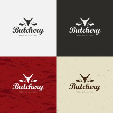 Kasap dükkanı Logo, et şirketi şablonu çiftlik hayvanları ile siluetleri ve bıçaklar.