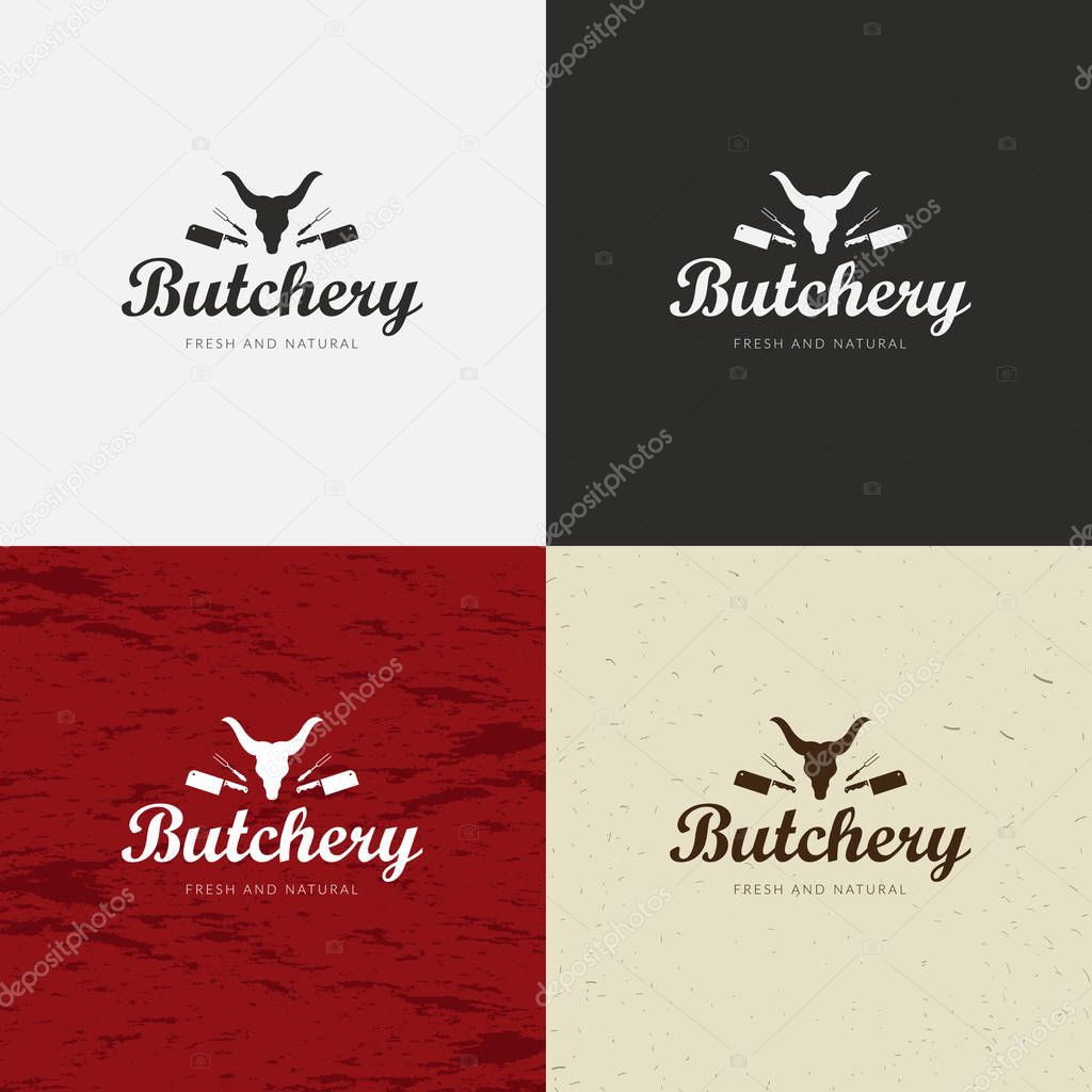 Butcher Shop Logo, Meat Label Template with Farm Animals Silhouettes and Knives