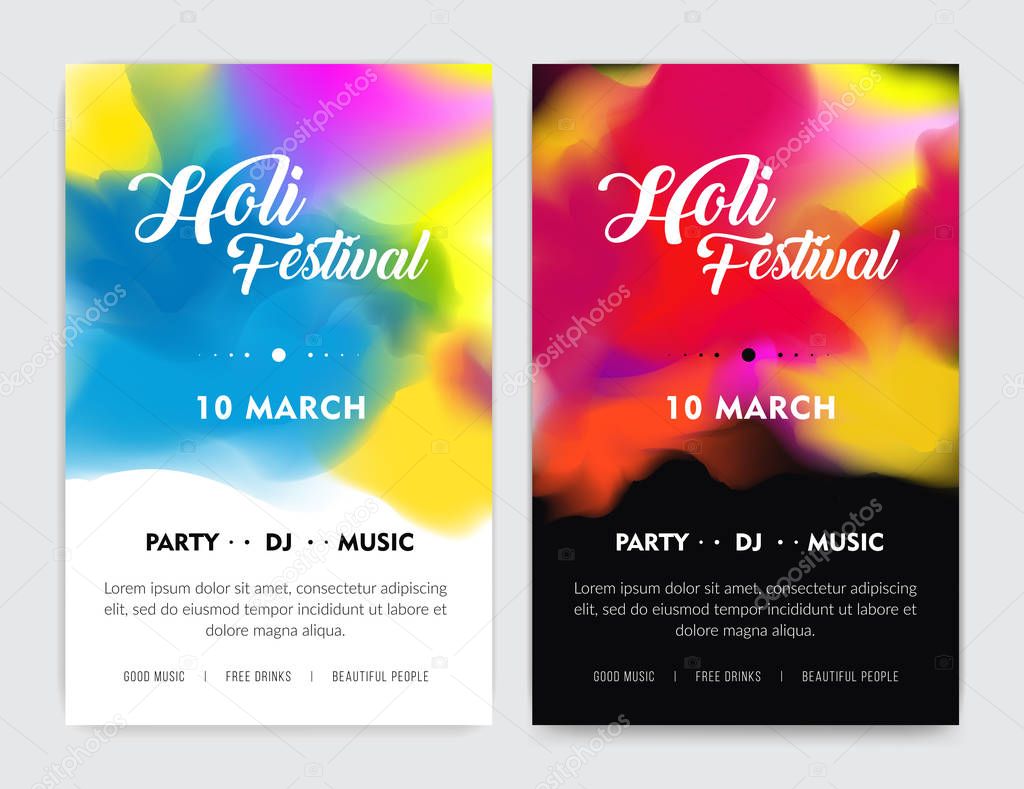 Creative Flyer, Banner or Pamphlet design for Indian Festival of Colours, Happy Holi celebration. Set. Light and dark.