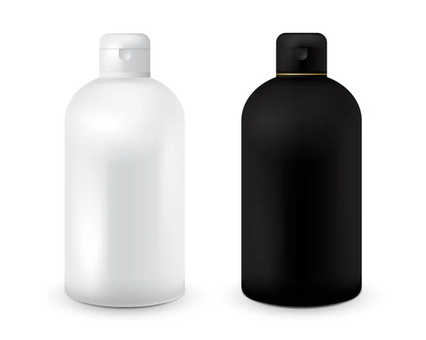 Sada černé a bílé plastové láhve šablony pro šampon, sprchový gel, mléko, tělové mléko, pěna do koupele. Připraven na váš návrh. Realistický kosmetický obal na krém. Falešná láhev. — Stockový vektor