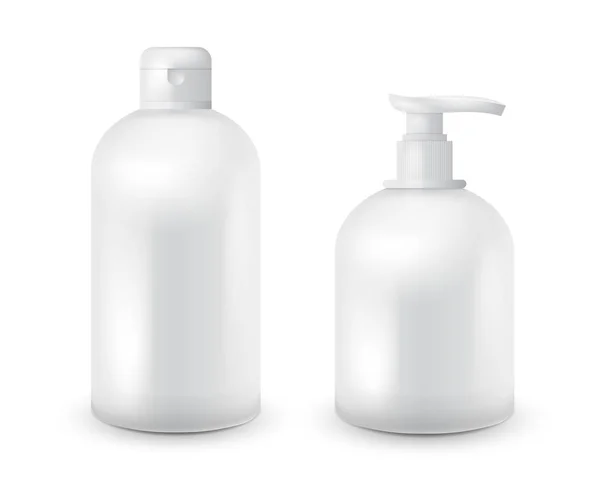 Botol kosmetik realistik tiruan mengatur paket terisolasi di latar belakang putih. Templat merek kosmetik. Shampo dan sabun . - Stok Vektor