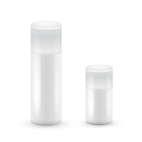 Blanco grande y pequeño Botellas de aerosol spray, botella de metal para cosméticos, perfume o spray para el cabello. Embalaje desodorante . — Vector de stock