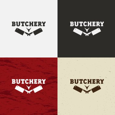 Kasap dükkanı simgesi, kasap dükkanı logosu, izole kasap amblemi vektör. İnek yüz ve bıçak retro vektör çizim. Beyaz, siyah, işçiliği ve et arka plan üzerinde.