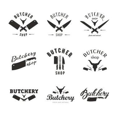 Büyük dizi kasaplık logo şablonu. Örnek metin içeren kasaplık etiketleri. Kasaplık tasarım öğeleri ve çiftlik hayvanları siluetleri bakkal, et mağazaları, paketleme ve reklam için.