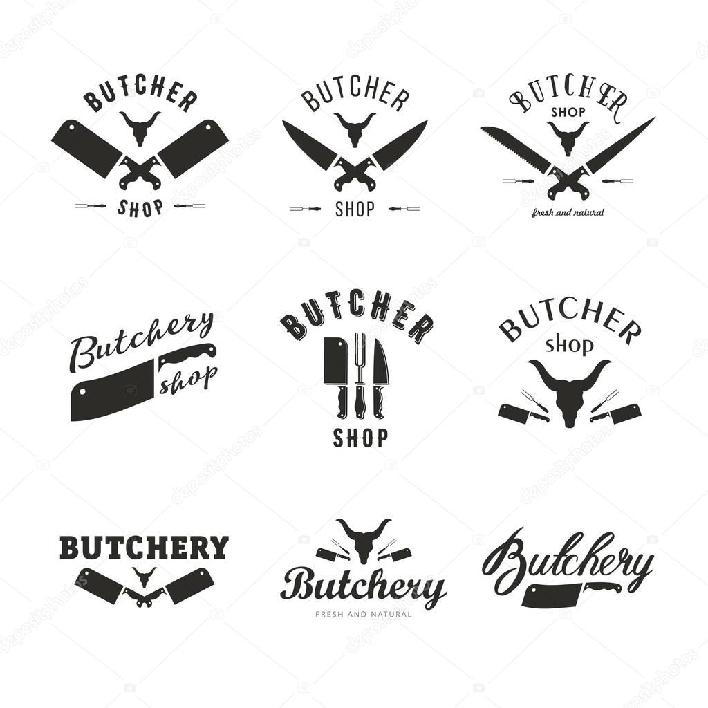 Big set of butchery logo templates. Butchery labels with sample text. Butchery design elements and farm animals silhouettes for groceries, meat stores, packaging and advertising