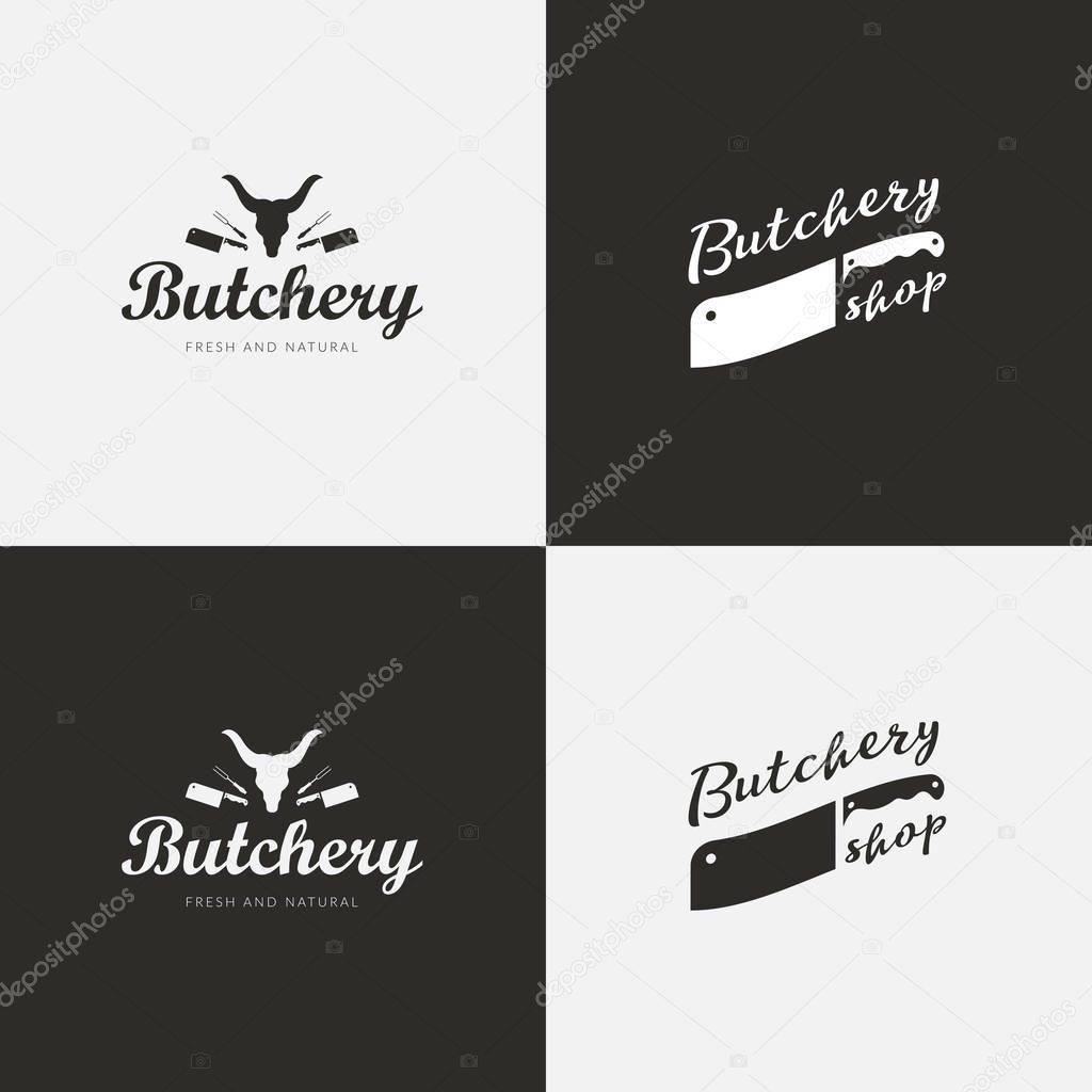 Set of butchery logo templates. Butchery labels with sample text. Butchery design elements and farm animals silhouettes for groceries, meat stores, packaging and advertising
