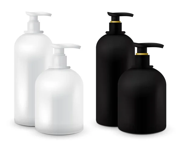 Nagy készlet Jar folyékony szappan a logó és a design könnyen változtatni színek. Realisztikus fekete-fehér kozmetikai tartály szappankrémhez, krémhez. Mock up üveg. — Stock Vector